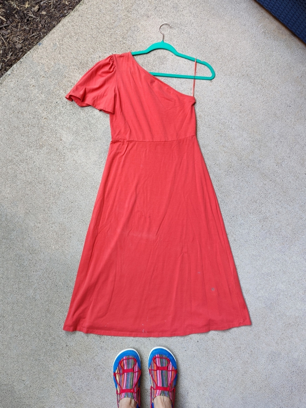 Who What Wear Coral One Shoulder Midi Dress Flutter Sleeve Assymetrical Size XS